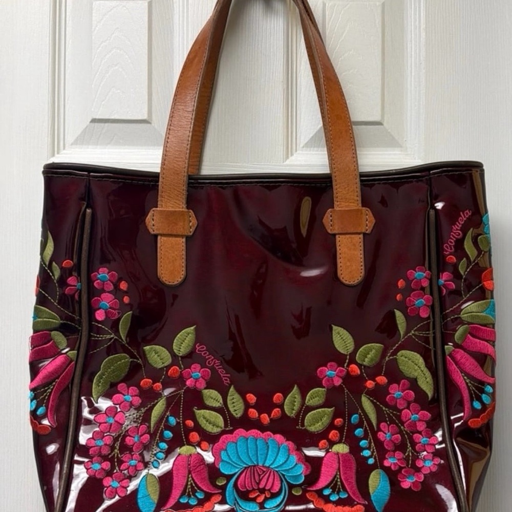Consuela Burgundy Tote with Floral Embroidery